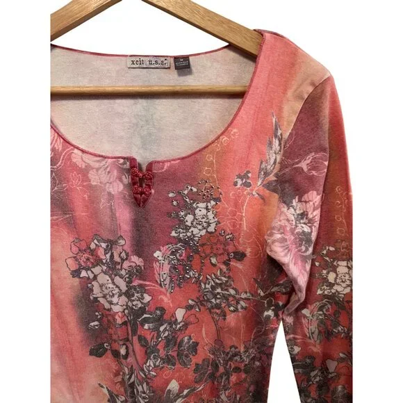 Xcit U.S.A. Floral Long Sleeve Pink Top Rhinestones Women's Size M Y2K - Picture 2 of 6